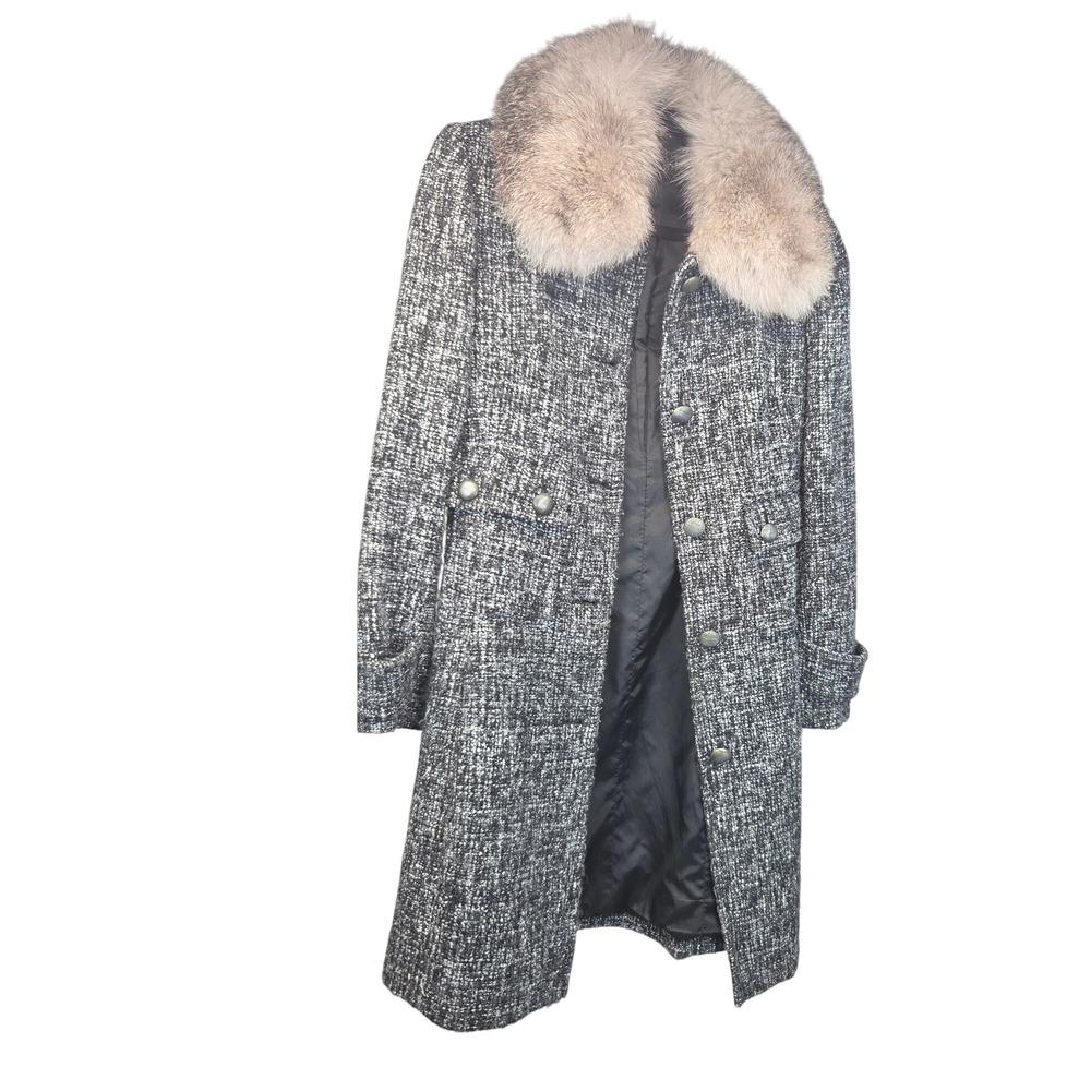 Vintage Express B&W Women's Tweed Coat Removable Genuine Fox Fur Collar Small